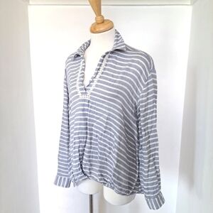 Vintage America | Blue & white striped cute deep v neck women's shirt